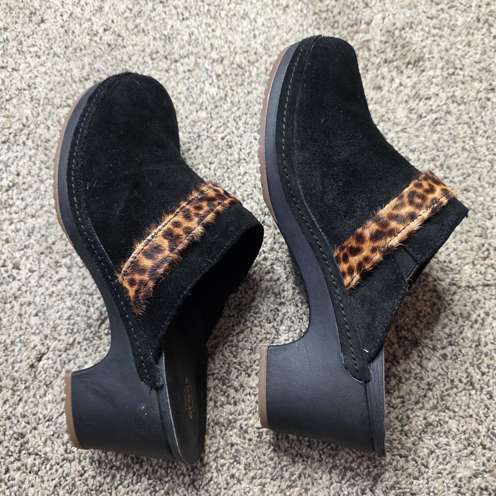 Crocs Mules Size 8 Black Leopard Animal Clog Suede Chunky Heel Mobwife - Picture 8 of 11